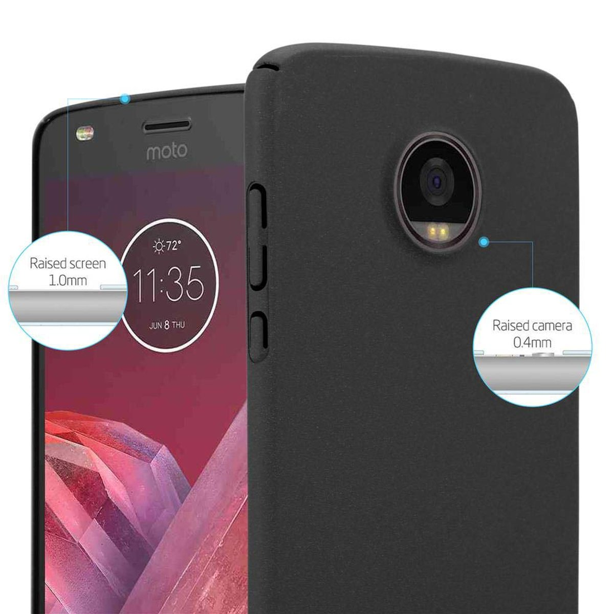 Custodia per telefono nera con schermo e fotocamera rialzati evidenziati con etichette.