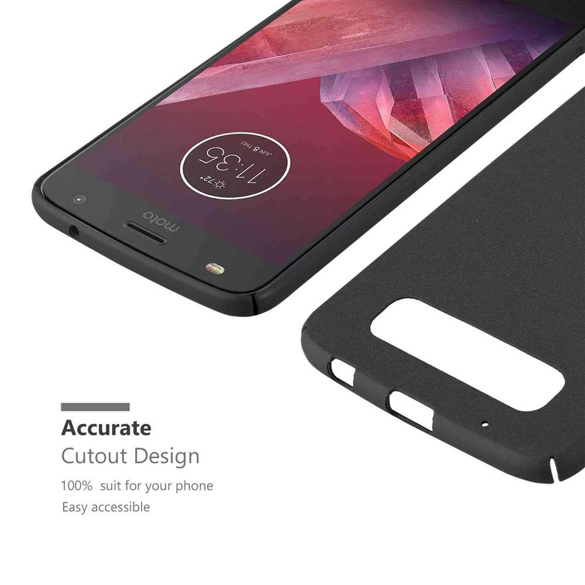 Telefono in una custodia, con un design di ritaglio accurato. Il telefono è su una superficie bianca.