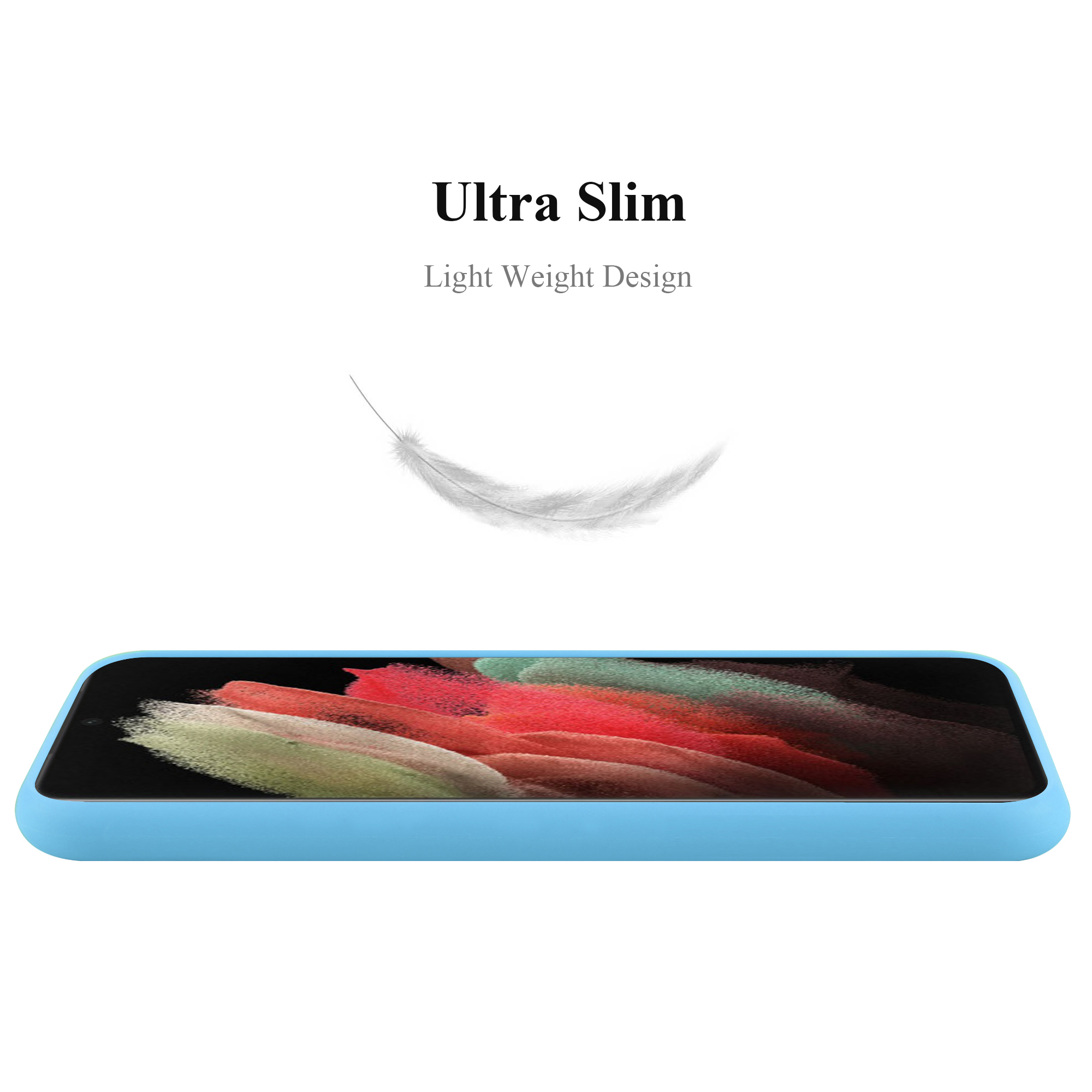 Custodia per telefono azzurra vista di lato. Il testo recita Ultra Slim con una grafica di piuma.