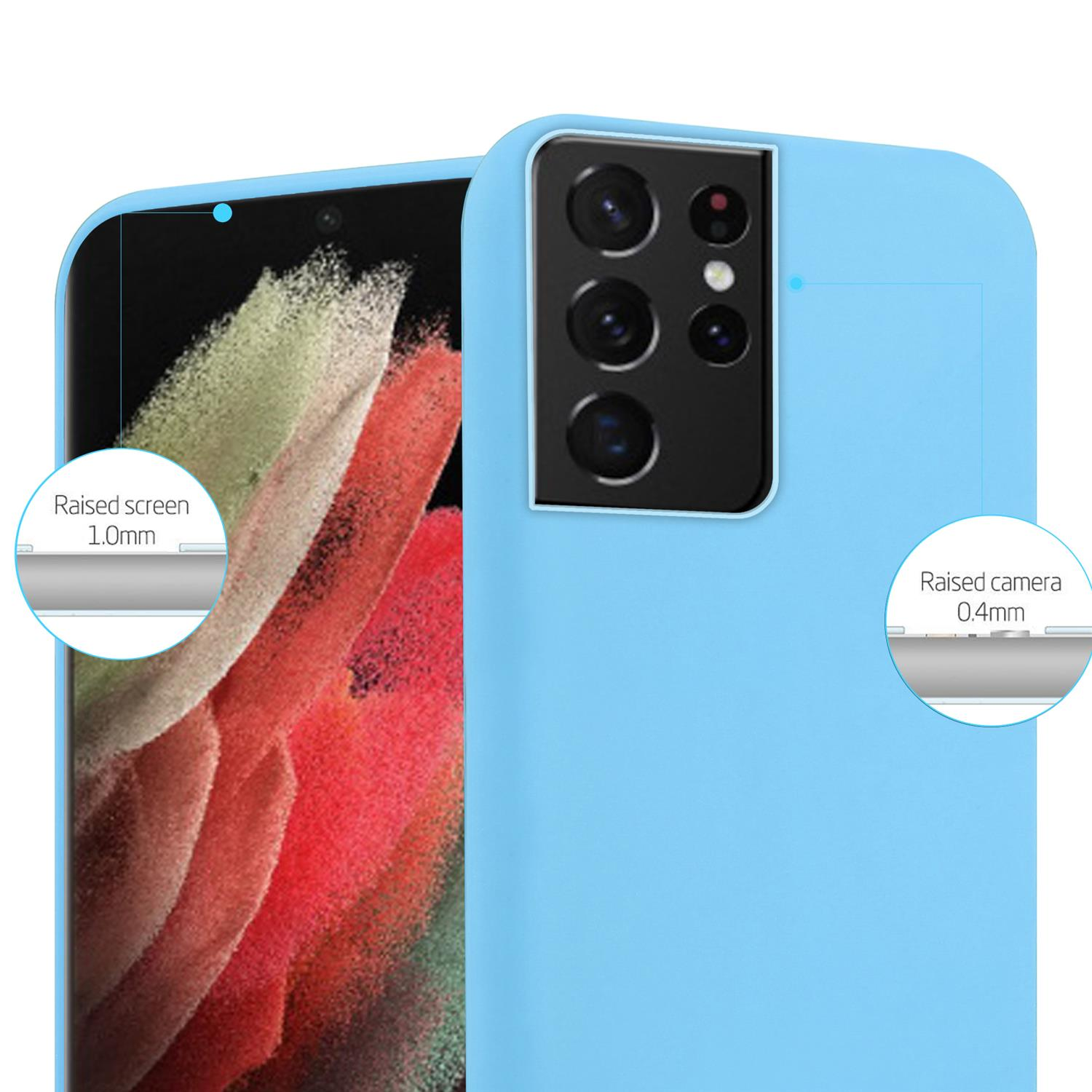 Una custodia blu chiaro copre un telefono con fotocamera nera. Un primo piano mostra schermo e fotocamera rialzati.