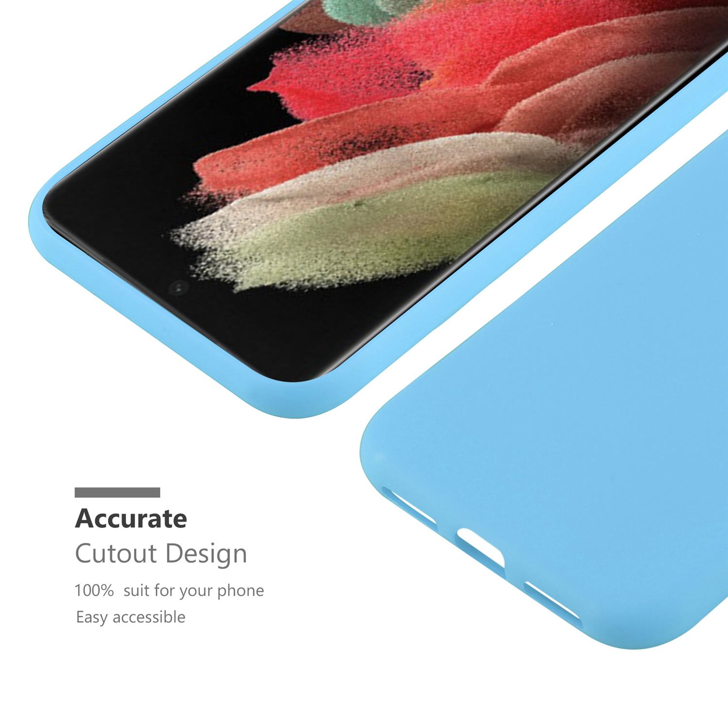 Custodia per telefono azzurra, vista ravvicinata. Il design ha un ritaglio.