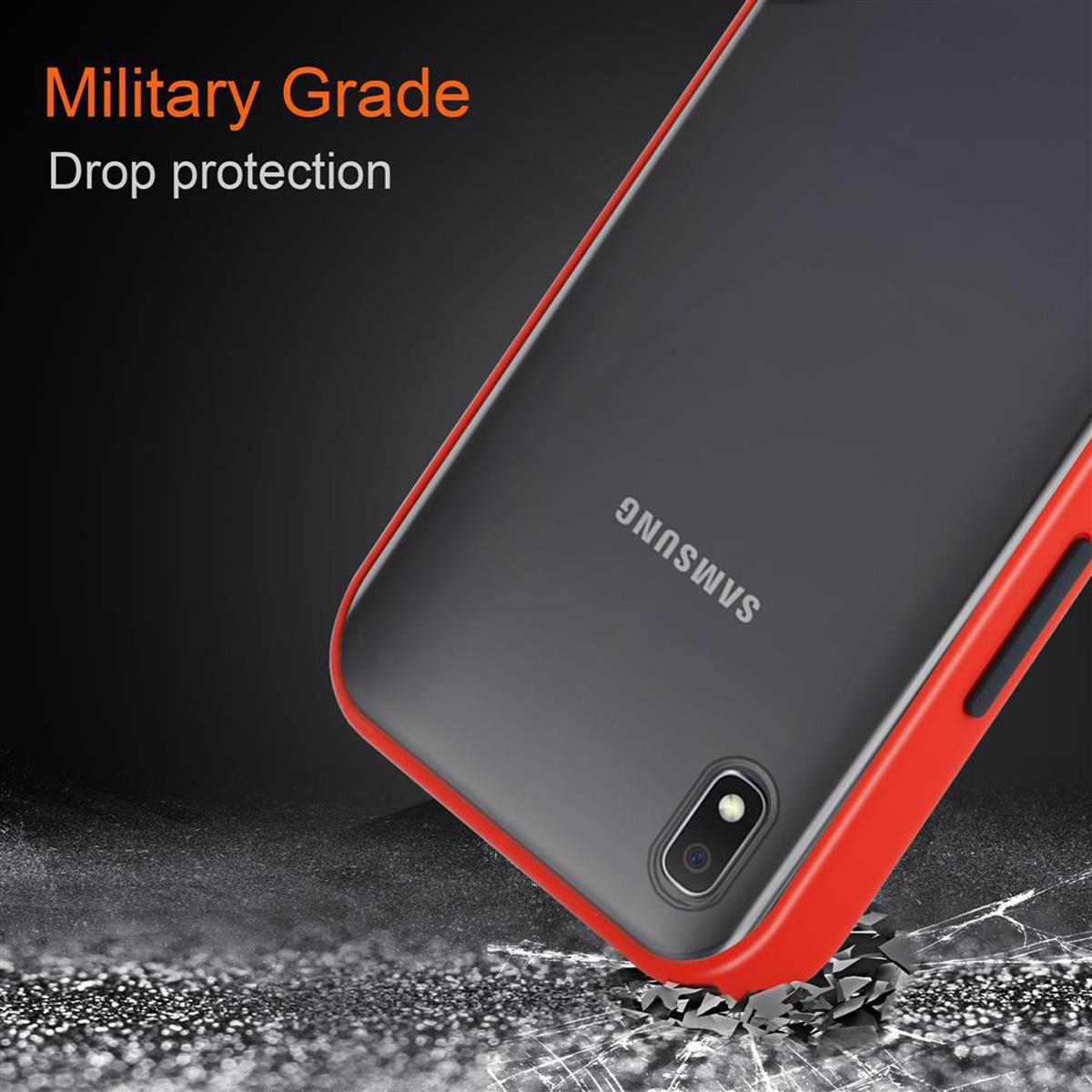 Telefon in einer rot umrandeten Hülle. Der Bildschirm ist schwarz. Titel: Schutz in Militärqualität.