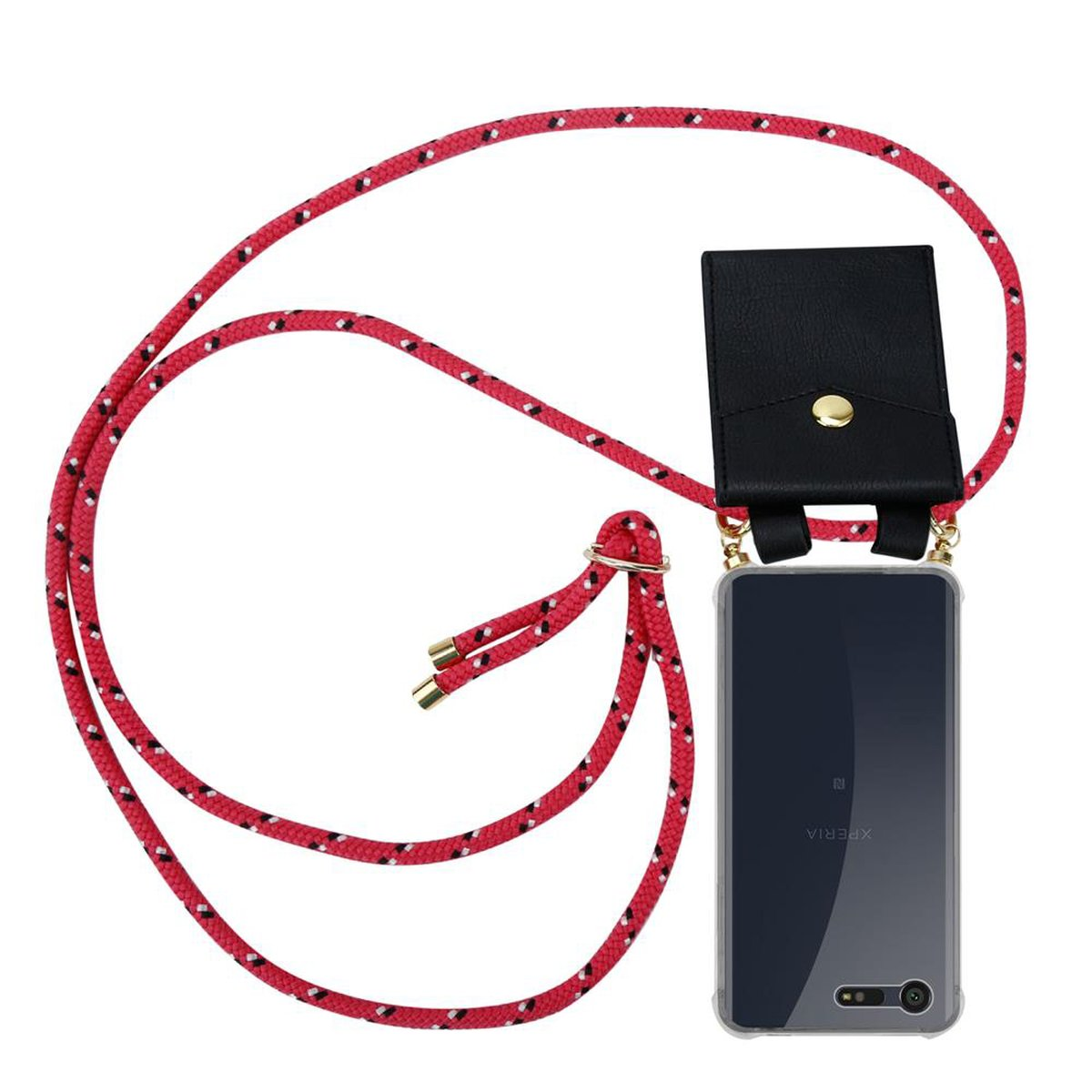 Teléfono negro con un cordón rojo y blanco.