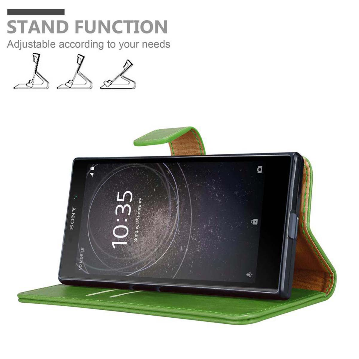 Ein Telefon in einer grünen Hülle, geöffnet, um den Bildschirm zu zeigen. Text: Standfunktion, anpassbar an Ihre Bedürfnisse.