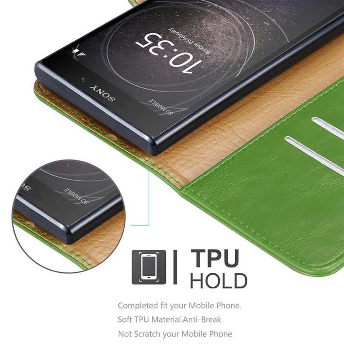 Eine grüne Leder-Handyhülle mit einem Telefon darin. Text sagt: TPU HALTEN.