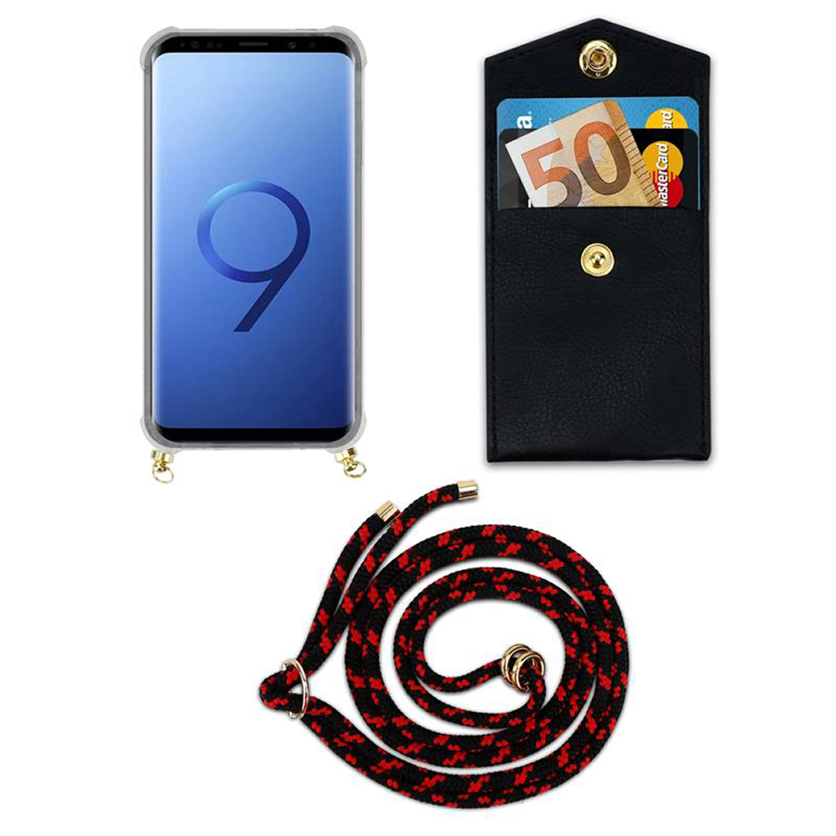 Telefono, portafoglio nero con carte e cordino rosso-nero con dettagli dorati su sfondo bianco.