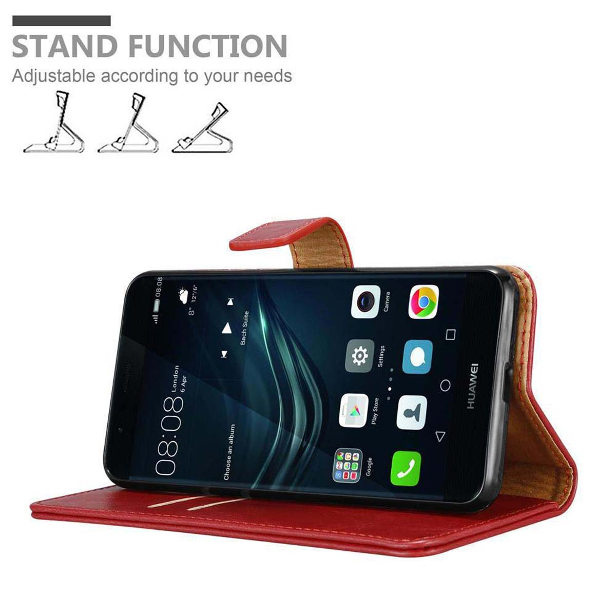 Telefono in custodia con supporto, aperto. Custodia rossa, il telefono sul display mostra l'ora.