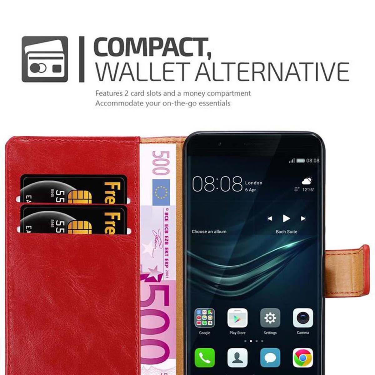 Telefono, portafoglio aperto con carte e contanti. Testo: Compatto, alternativa al portafoglio. Tutto su sfondo bianco.