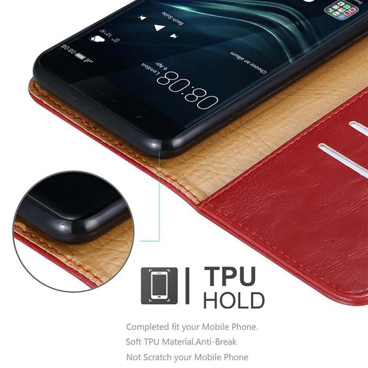 Telefono in custodia in pelle aperta, che mostra lo schermo. Testo TPU HOLD e dettagli sottostanti.