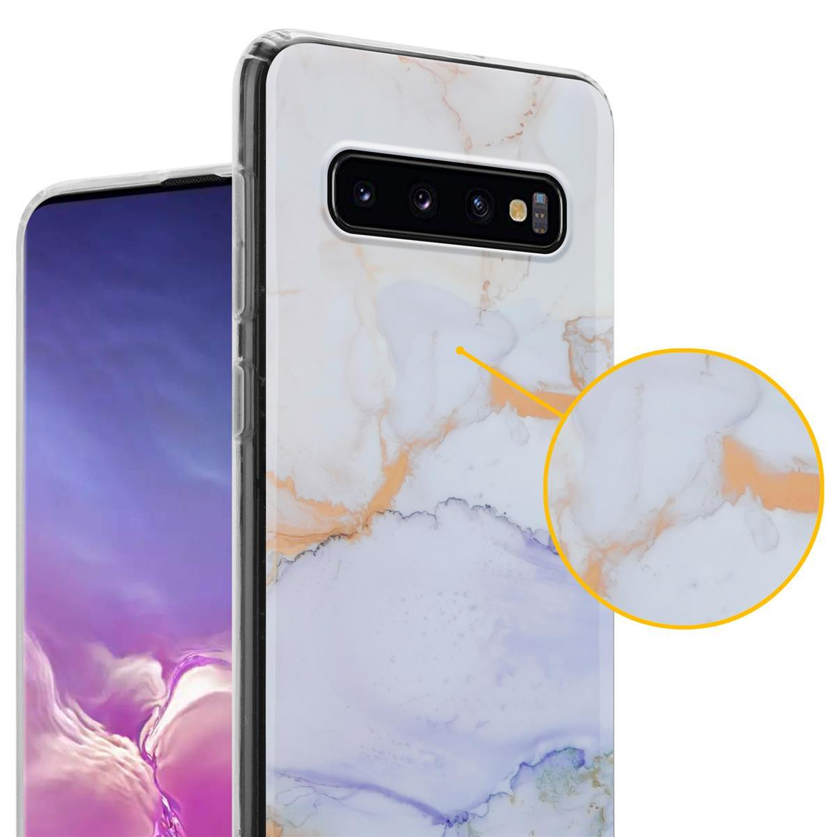 Custodia per telefono con motivo marmoreo bianco e dettagli arancioni, con un telefono all'interno.