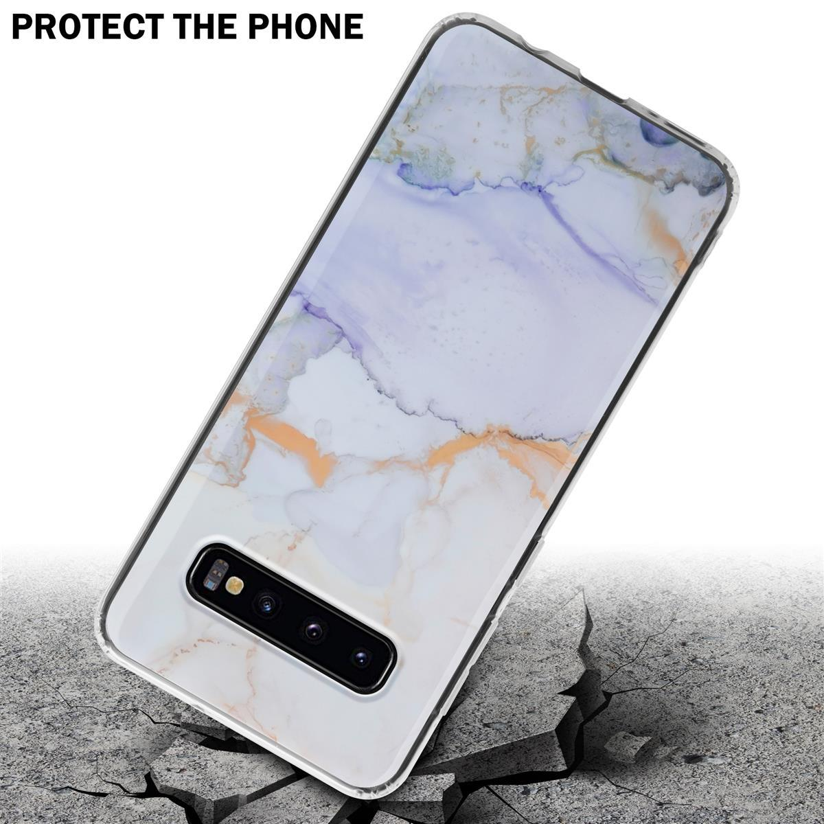 Una custodia per telefono con un design marmoreo giace su cemento crepato. Il testo dice: PROTEGGI IL TELEFONO.