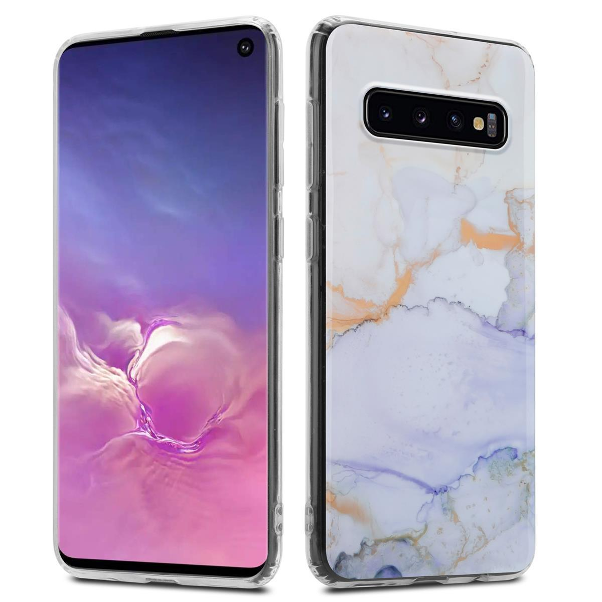 Custodia per telefono, con un design marmorizzato e telefono. La custodia è trasparente.