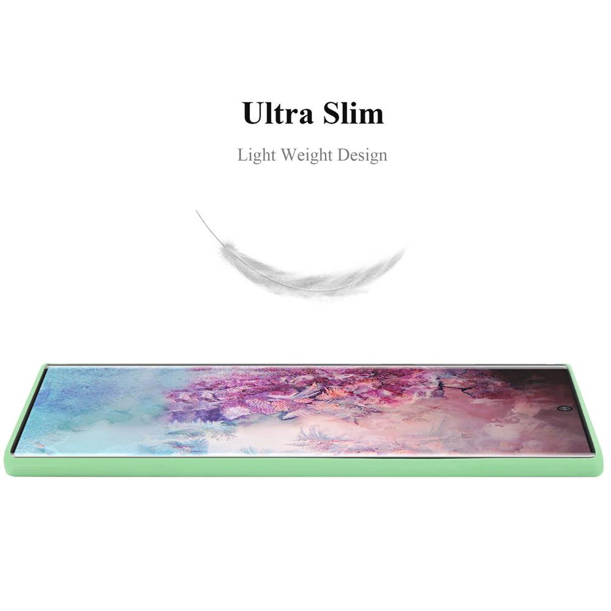 Custodia verde chiaro vista laterale. Testo: 'Ultra Slim Light Weight Design'.