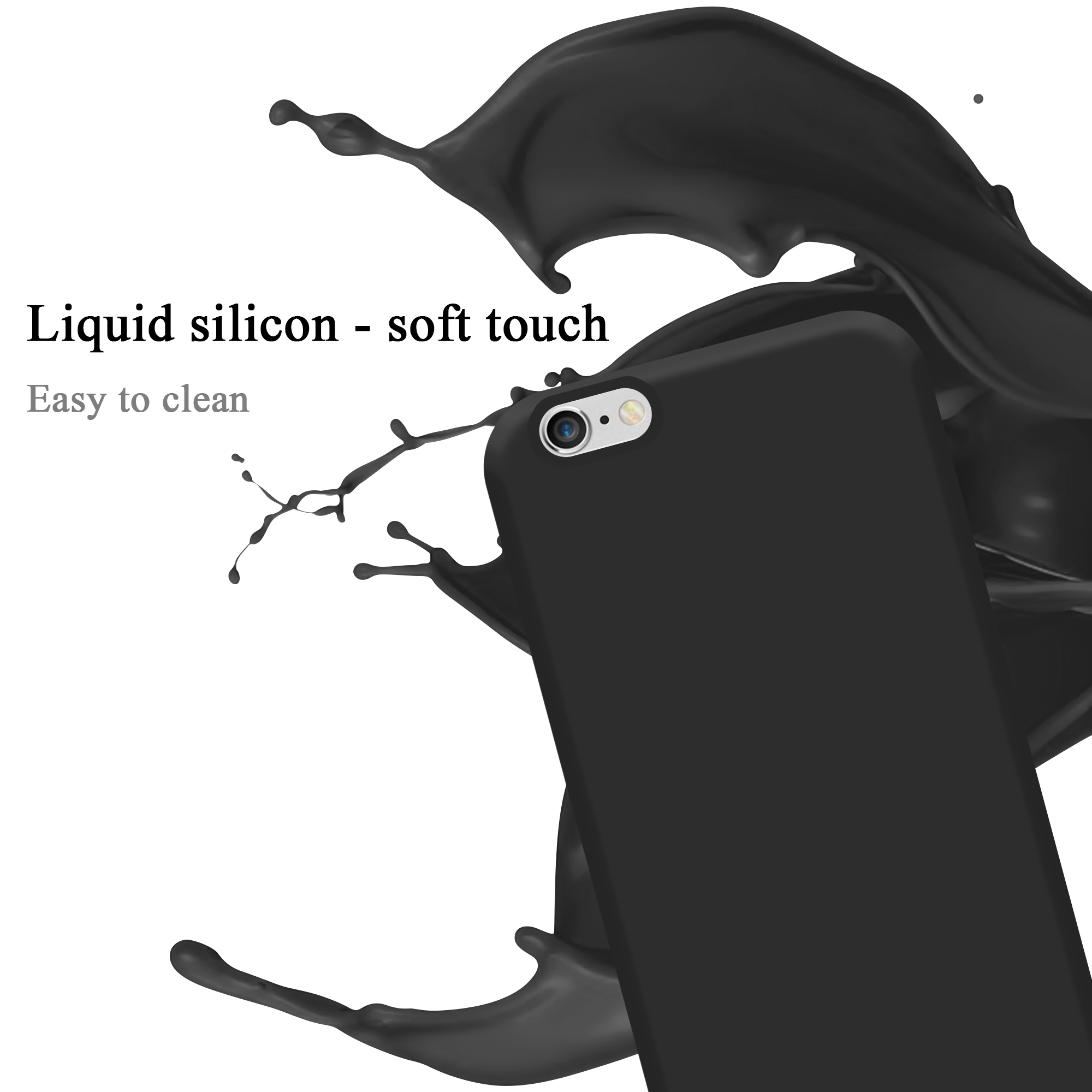 Custodia nera per telefono con schizzi di vernice nera. Testo: Silicone liquido-tocco morbido. Facile da pulire.