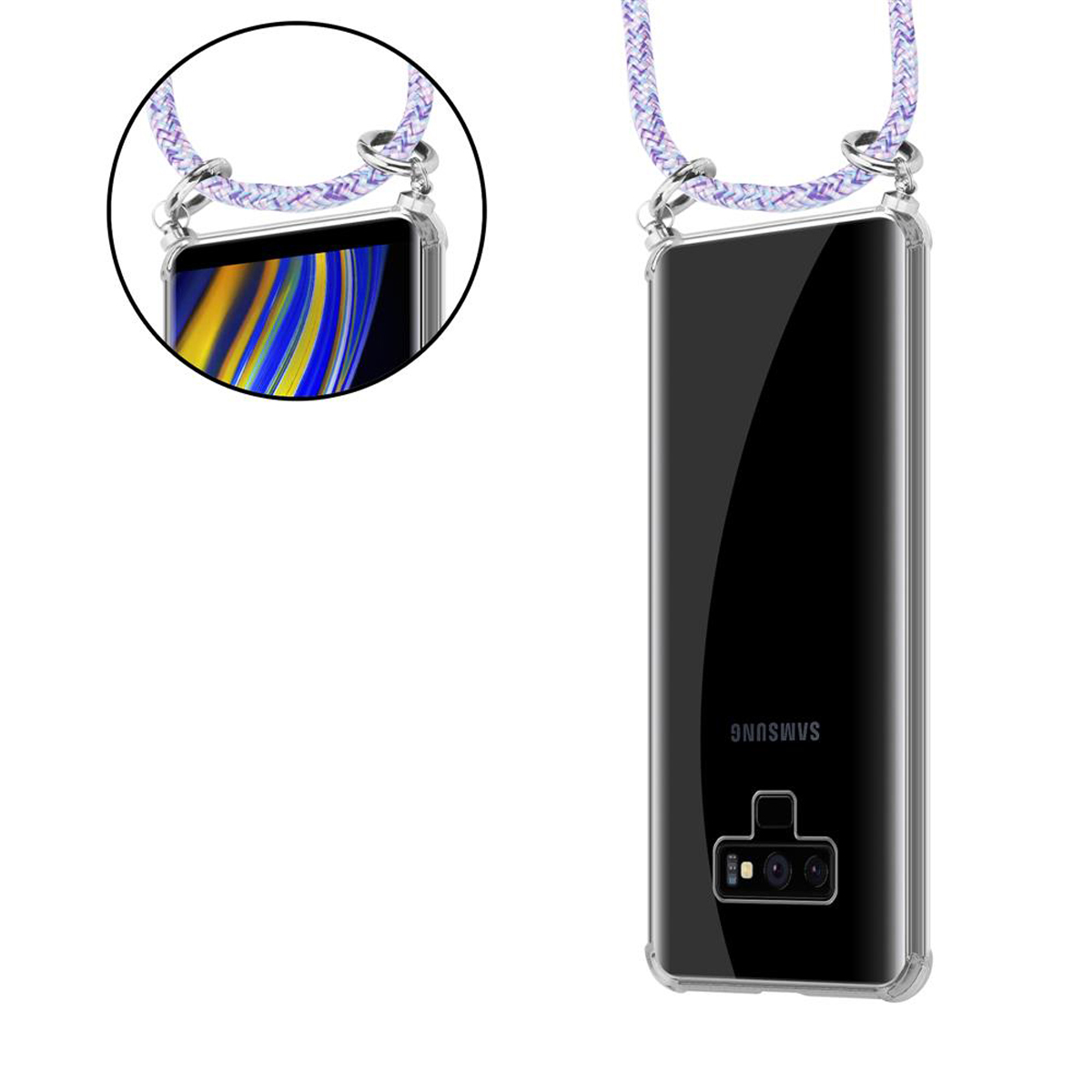 Nahaufnahme einer Handyhülle mit Lanyard, die ein Handy mit farbenfrohem Bildschirm und einer durchsichtigen Rückseite zeigt.