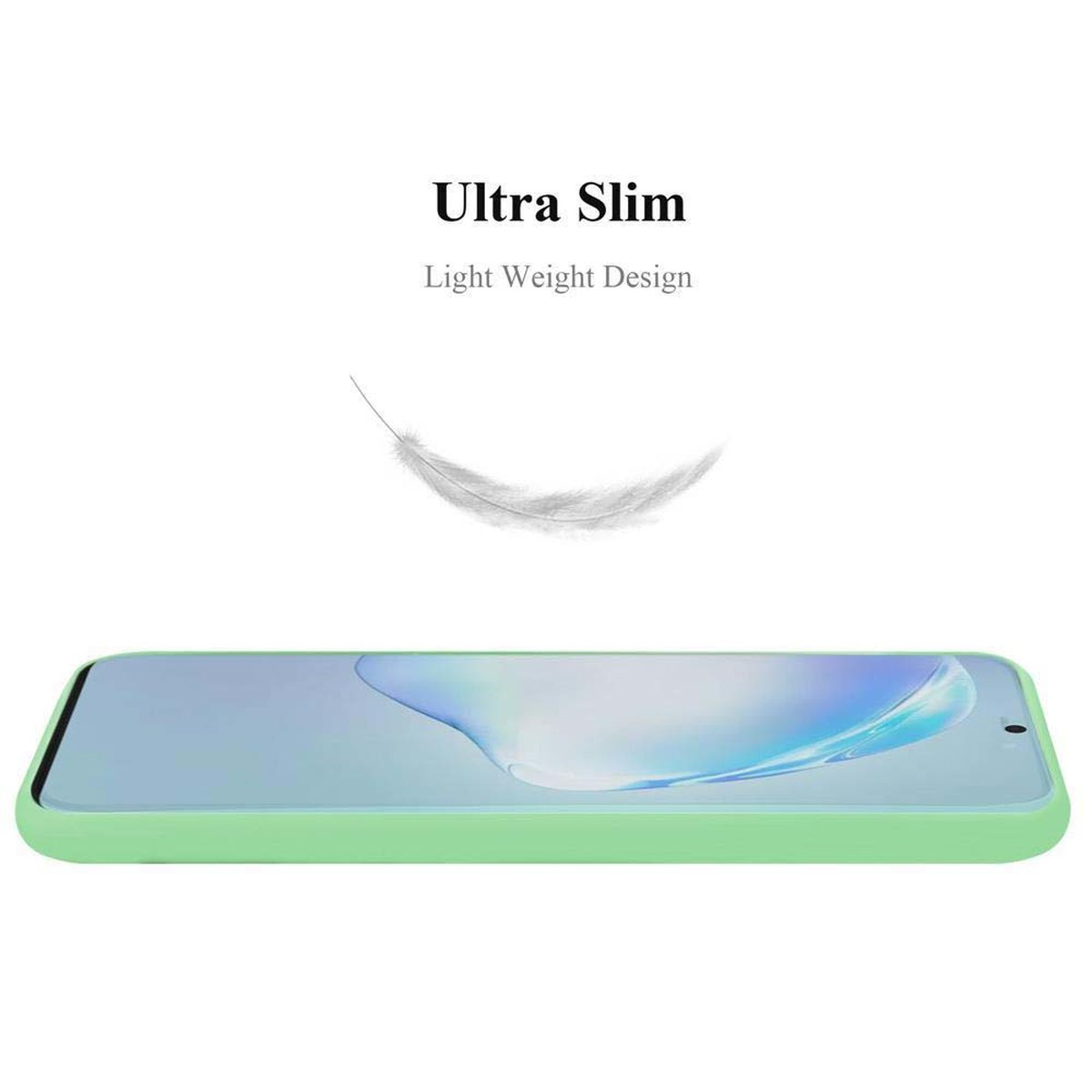 Un telefono in una custodia verde chiaro su sfondo bianco. Una piuma fluttua sopra.