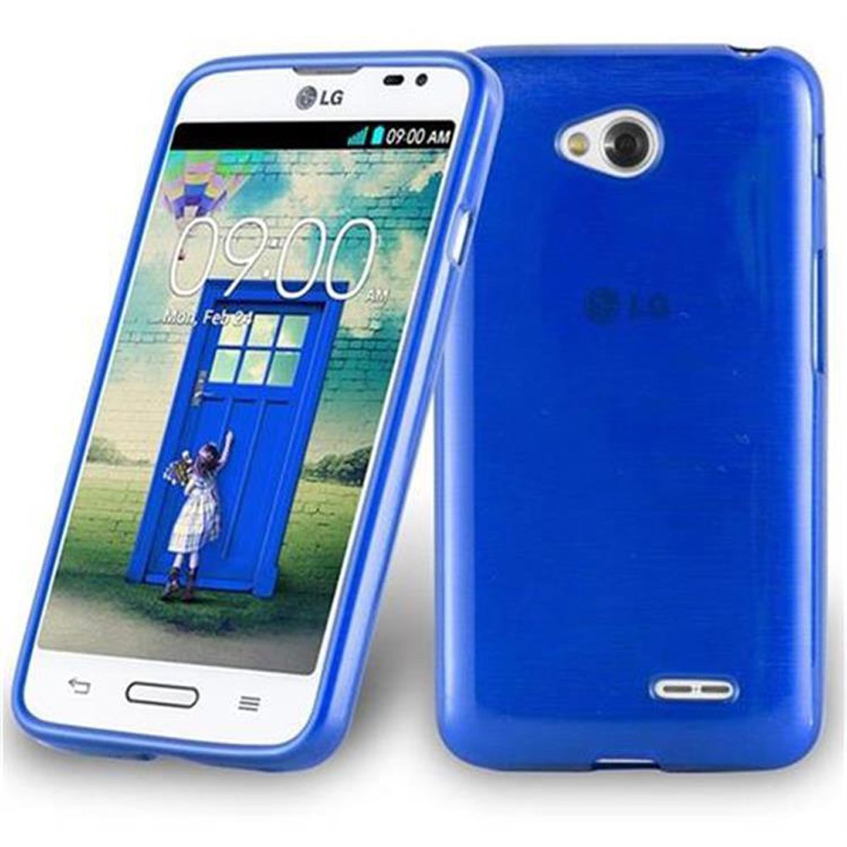 Custodia per telefono blu con l'immagine di una porta blu sullo schermo del telefono. Il telefono ha una cornice bianca.