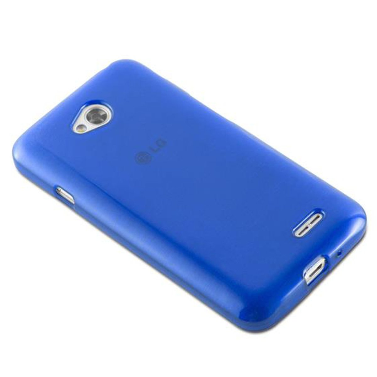 Custodia per telefono LG blu. Vista angolata di una custodia blu. Sfondo bianco.