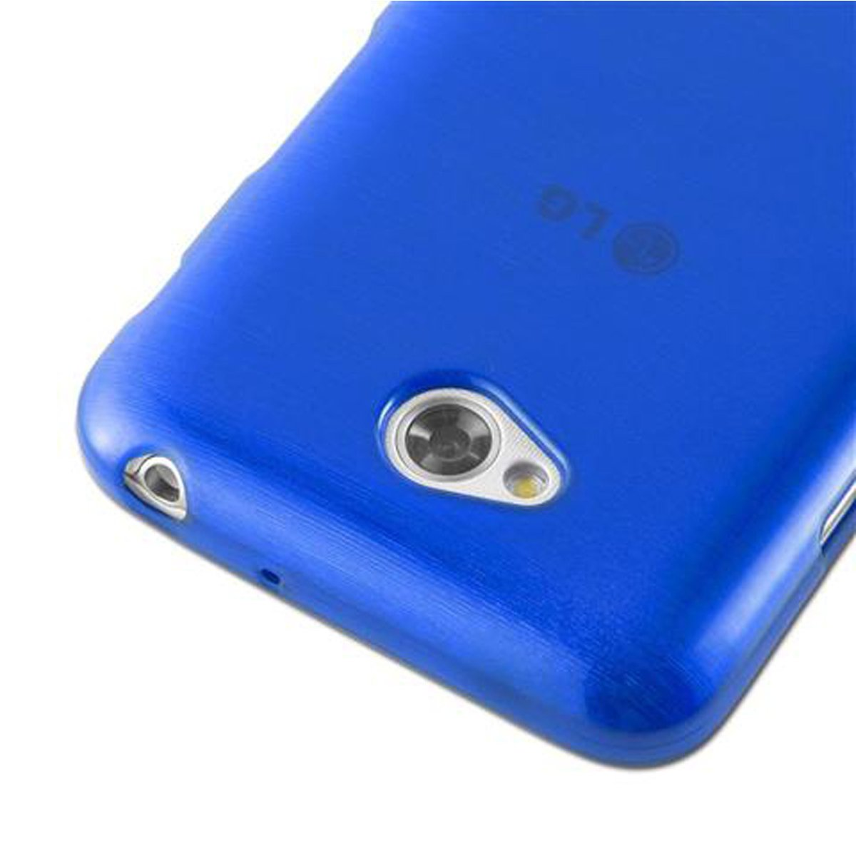 Primo piano di una custodia blu per telefono. La custodia ha aperture per la fotocamera e le porte.