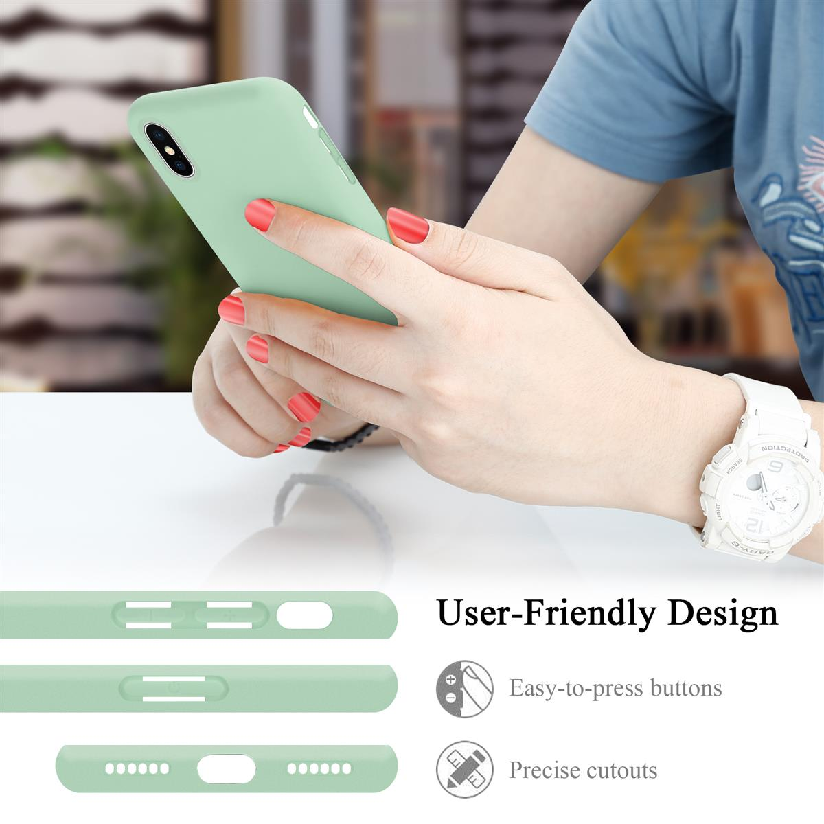 Hand hält ein mintgrünes Telefon. Benutzerfreundliches Design mit Tasten- und Ausschnitt-Illustrationen.