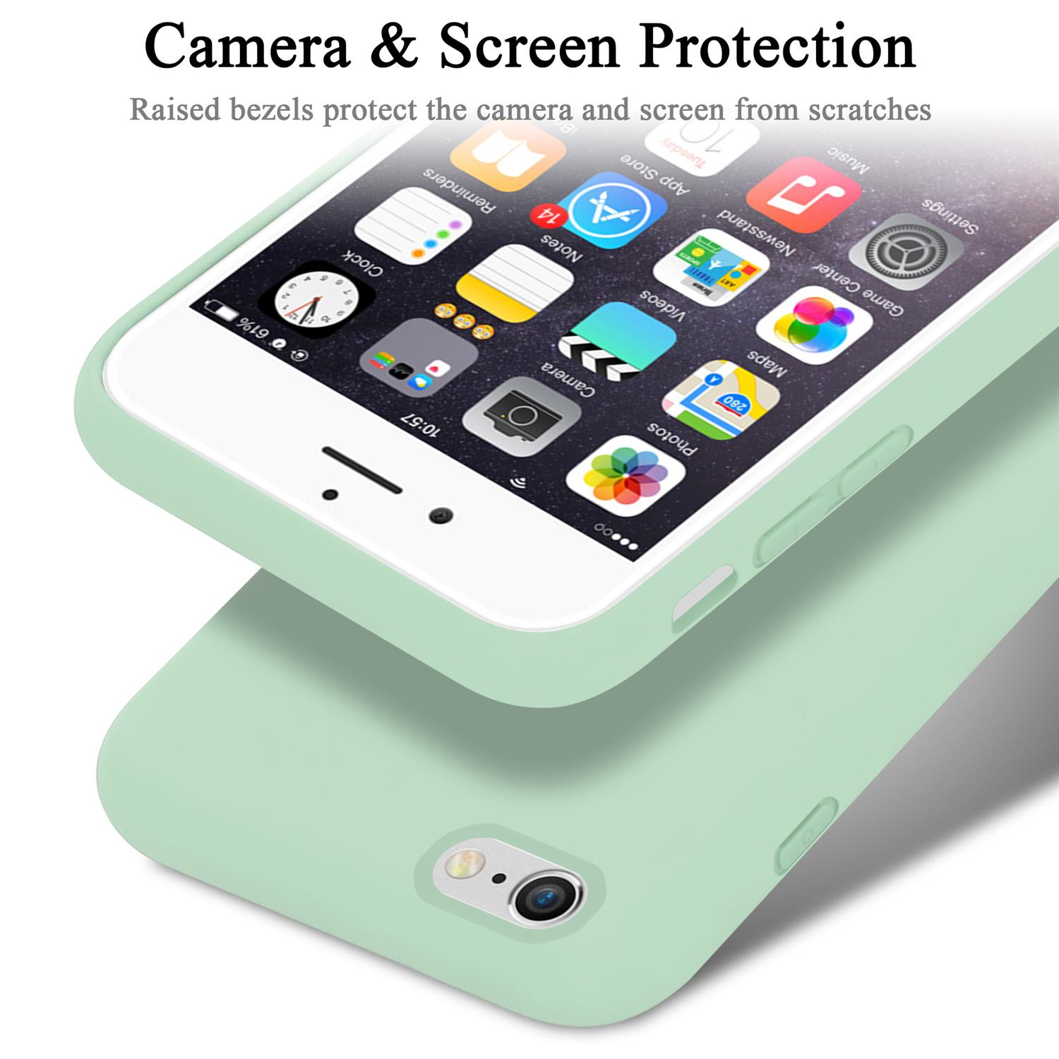 iPhone bianco in custodia verde menta. Il telefono mostra le icone delle app. Testo: Protezione fotocamera e schermo.