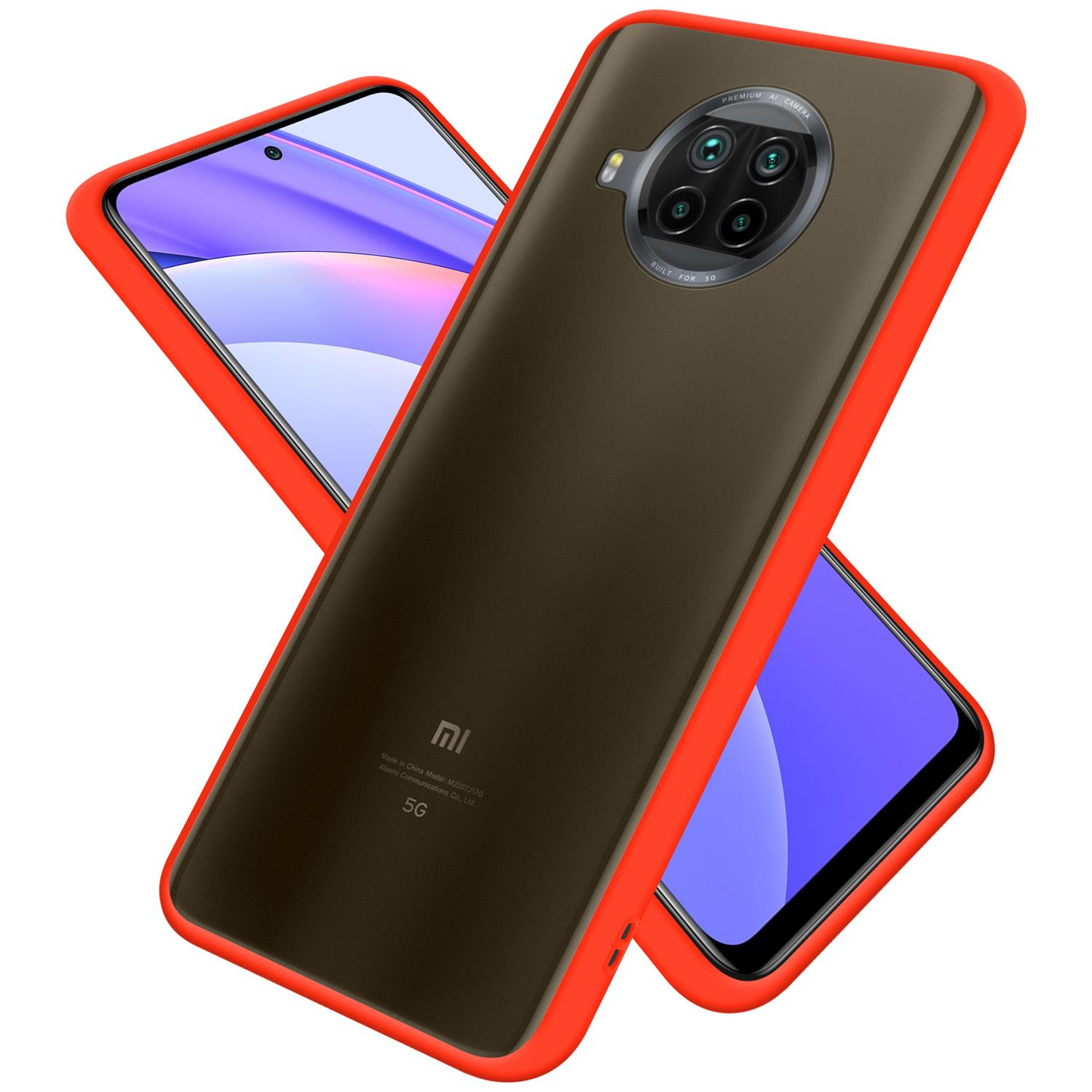 Matt Schwarze Xiaomi, CADORABO 10T Kunststoff mit Rot Silikon LITE, matter Schutzhülle TPU Rückseite, Hülle Backcover, Innenseite Hybrid und Tasten Mi -
