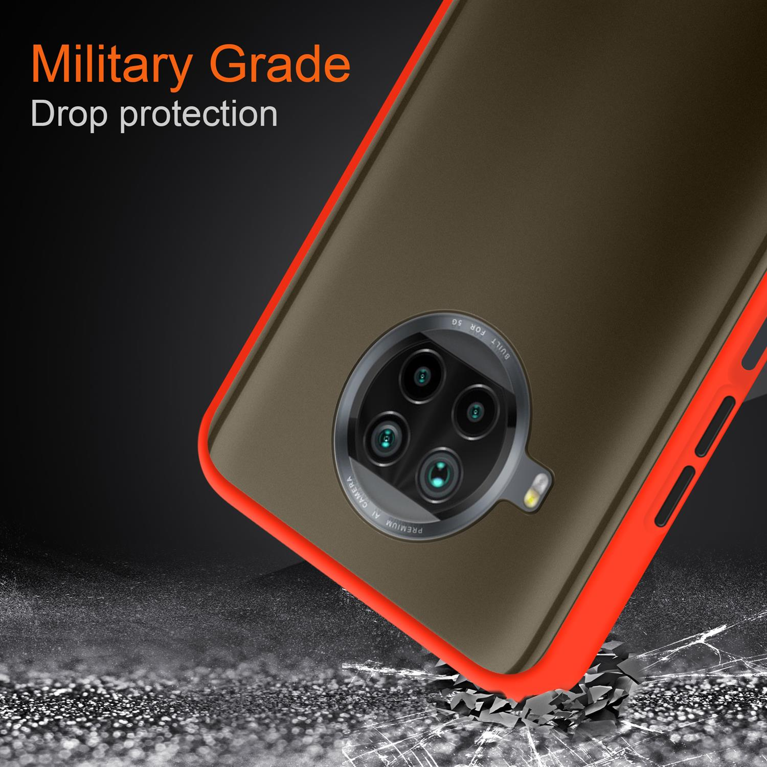 Coque de téléphone avec bord rouge et orange. Montre un téléphone avec triple caméra. Texte : Protection contre les chutes.