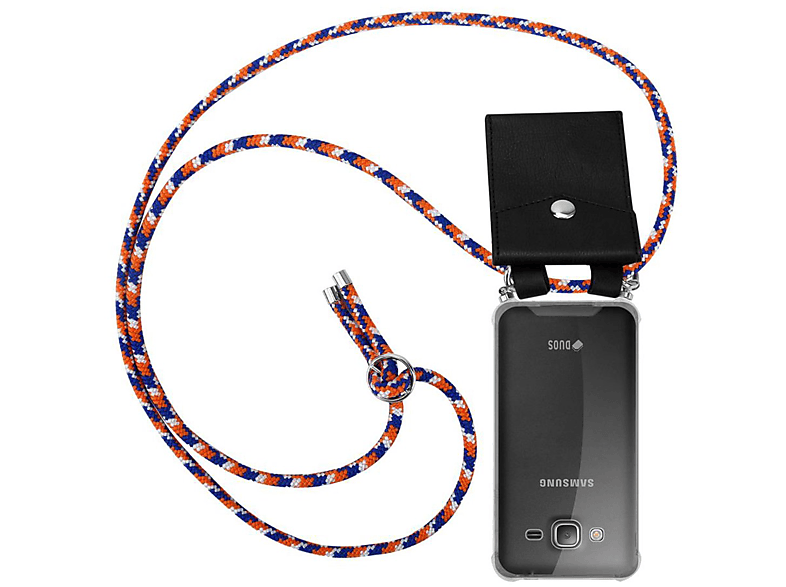 CADORABO Handy Kette mit Silber Backcover, WEIß 2016, BLAU ORANGE Galaxy Samsung, Kordel und Ringen, Hülle, abnehmbarer Band J3