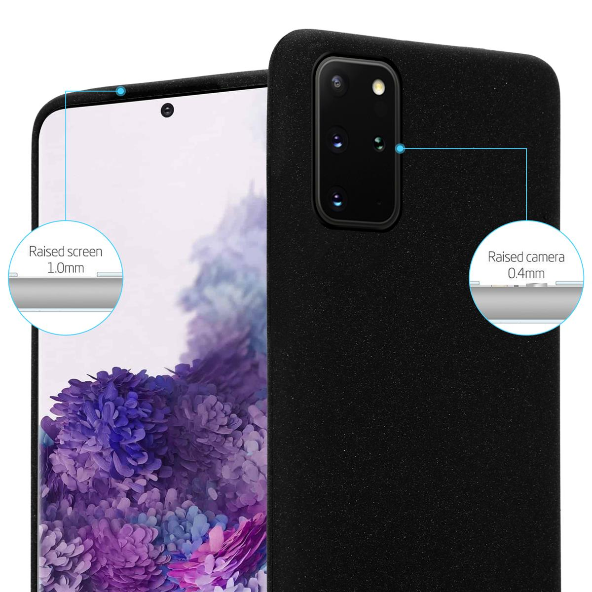 Una custodia nera per telefono con schermo e fotocamera rialzati, che mostra le dimensioni.