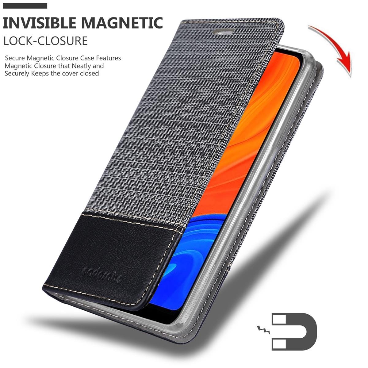 Custodia per telefono con chiusura magnetica, che mostra le posizioni aperte e chiuse.