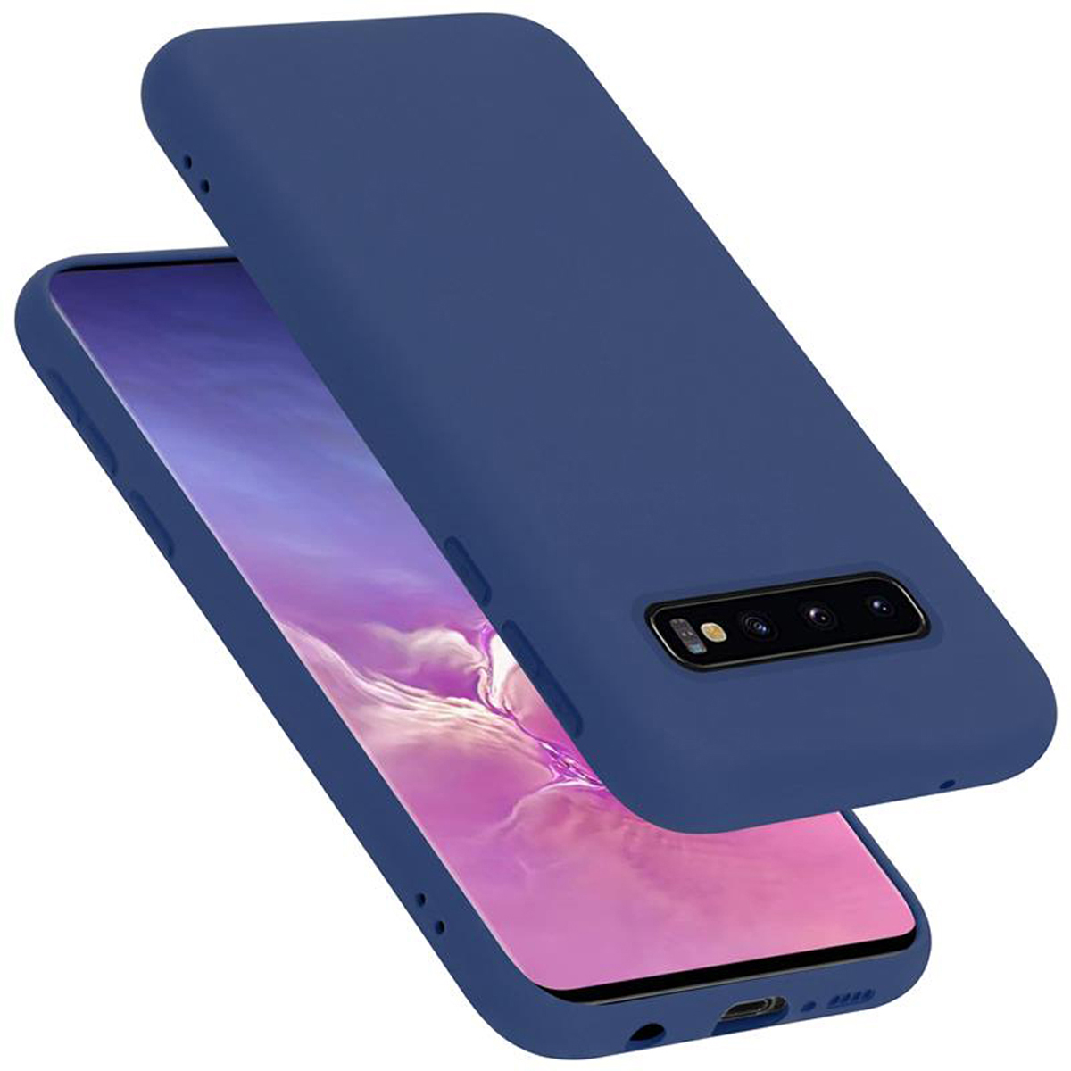 Blaue Handyhülle mit Telefon darin. Die Hülle ist leicht geöffnet.