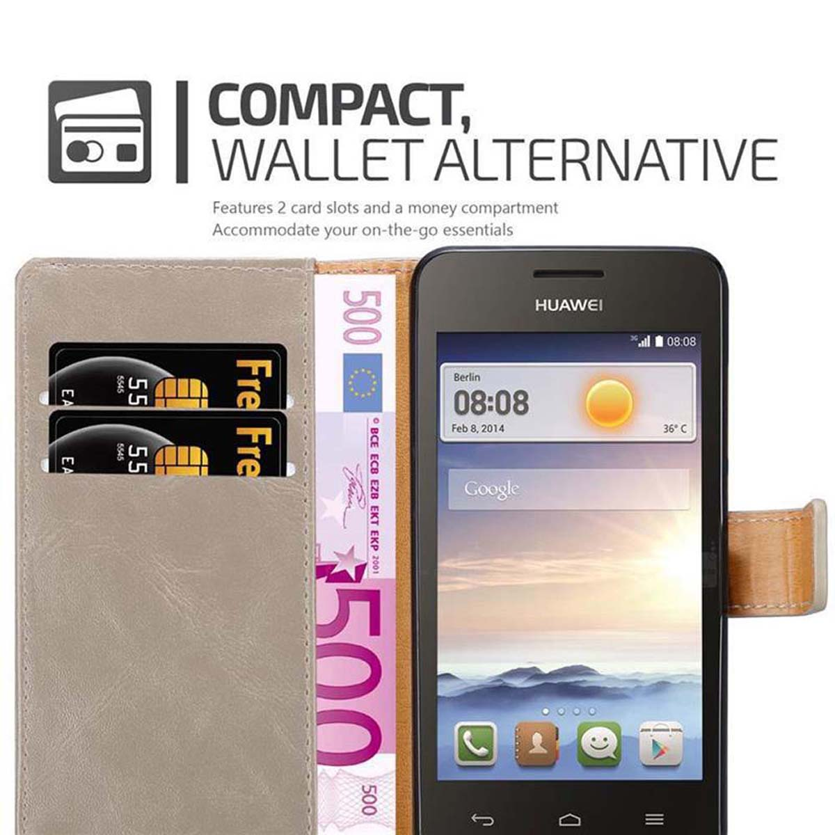 Custodia a portafoglio con slot per carte, denaro e un telefono Huawei che mostra l'ora.