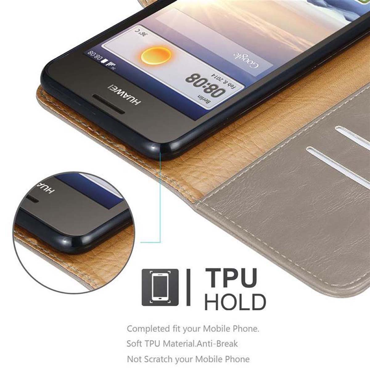 Un telefono all'interno di una custodia dal design a portafoglio. La custodia è aperta e mostra telefono e fessure per carte.