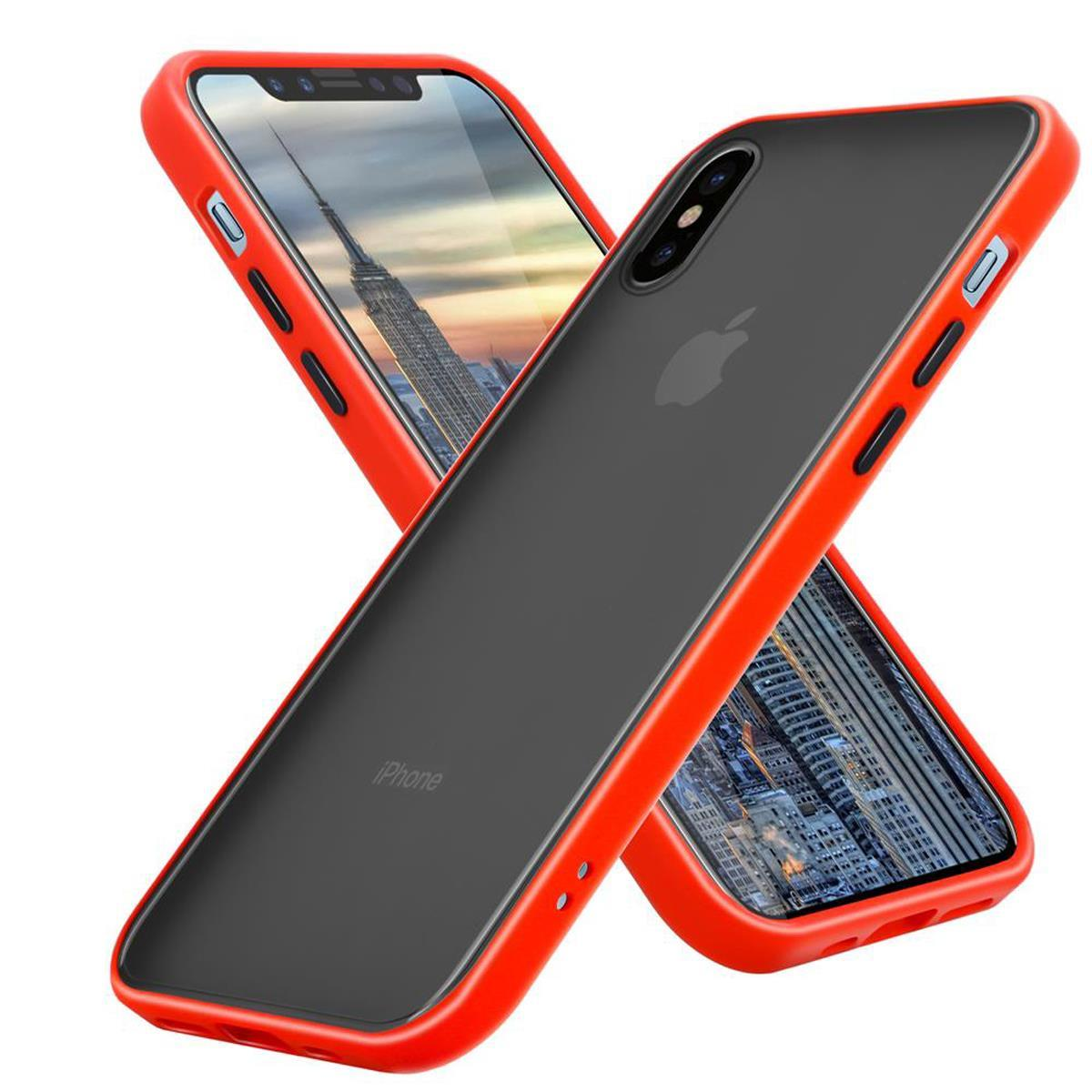 CADORABO Hülle X Silikon Kunststoff Tasten Schutzhülle Rot - und TPU Apple, XS, iPhone Backcover, Schwarze / matter Matt Rückseite, Innenseite Hybrid mit