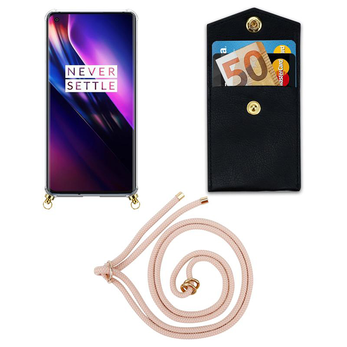 CADORABO Handy und Band ROSÉGOLD 8, Kette OnePlus, mit abnehmbarer Hülle, Gold Ringen, Backcover, PERLIG Kordel