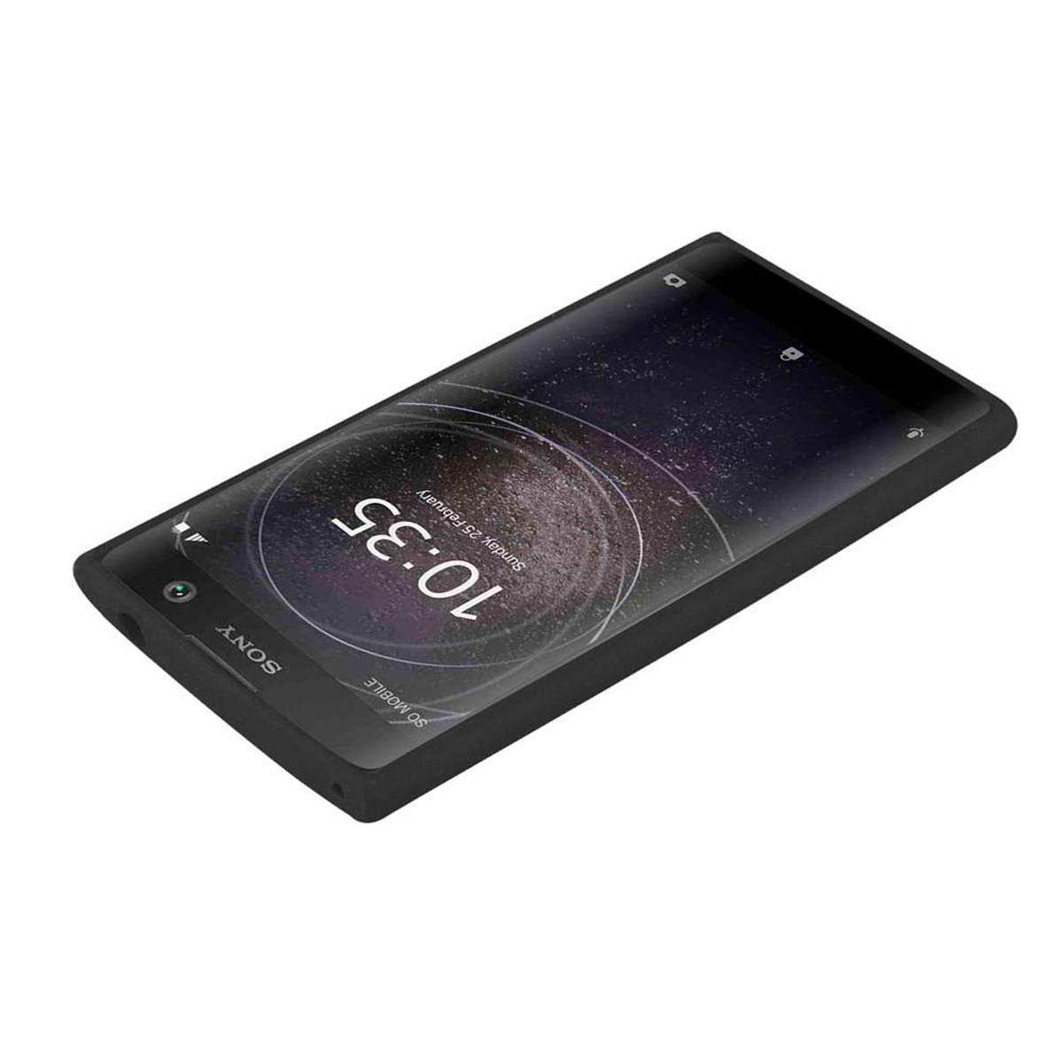 Teléfono negro con funda negra. La pantalla muestra la hora y la fecha, con el logotipo de Sony.