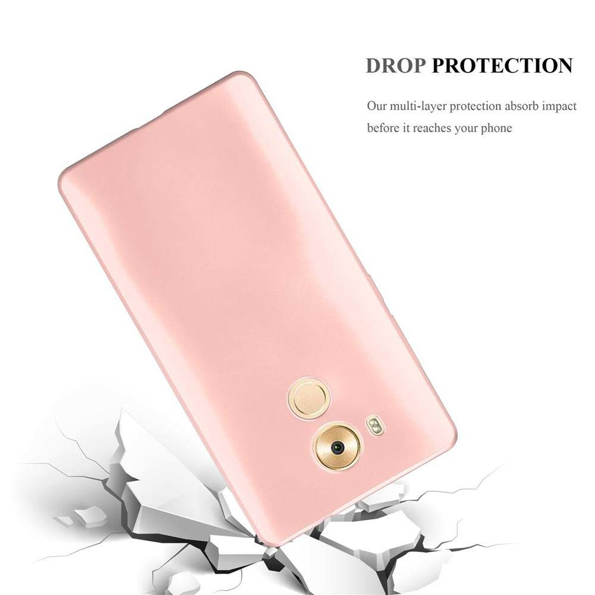 Funda de teléfono rosa sobre fondo blanco, suelo parcialmente roto y texto: PROTECCIÓN CONTRA CAÍDAS.