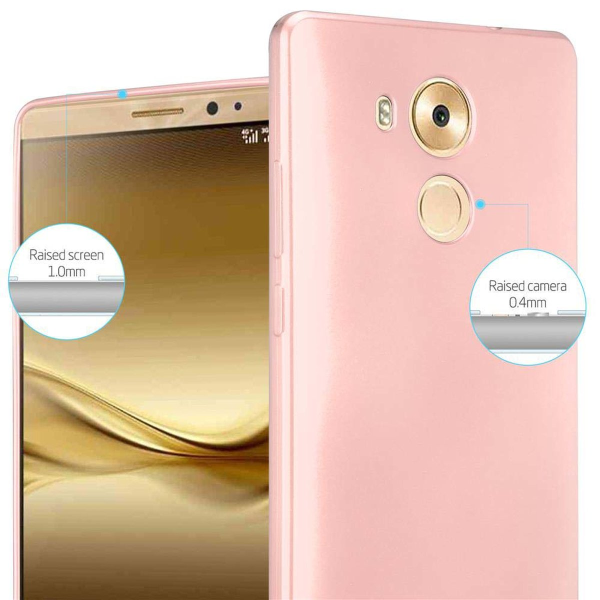 Funda rosa para teléfono con protecciones elevadas para pantalla y cámara, vista de cerca.