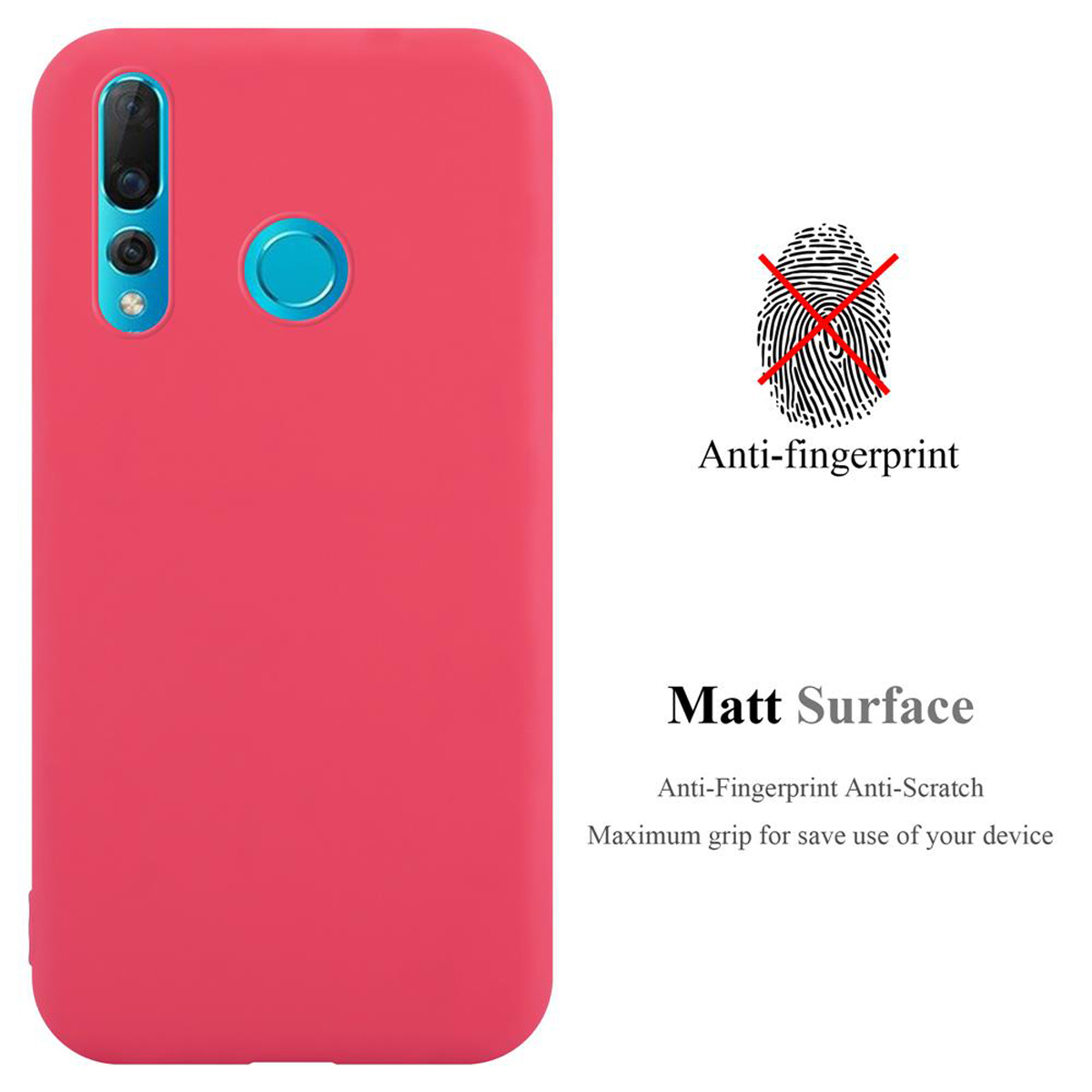 Custodia per telefono rossa con caratteristiche anti-impronta e superficie opaca, e icona impronta digitale.