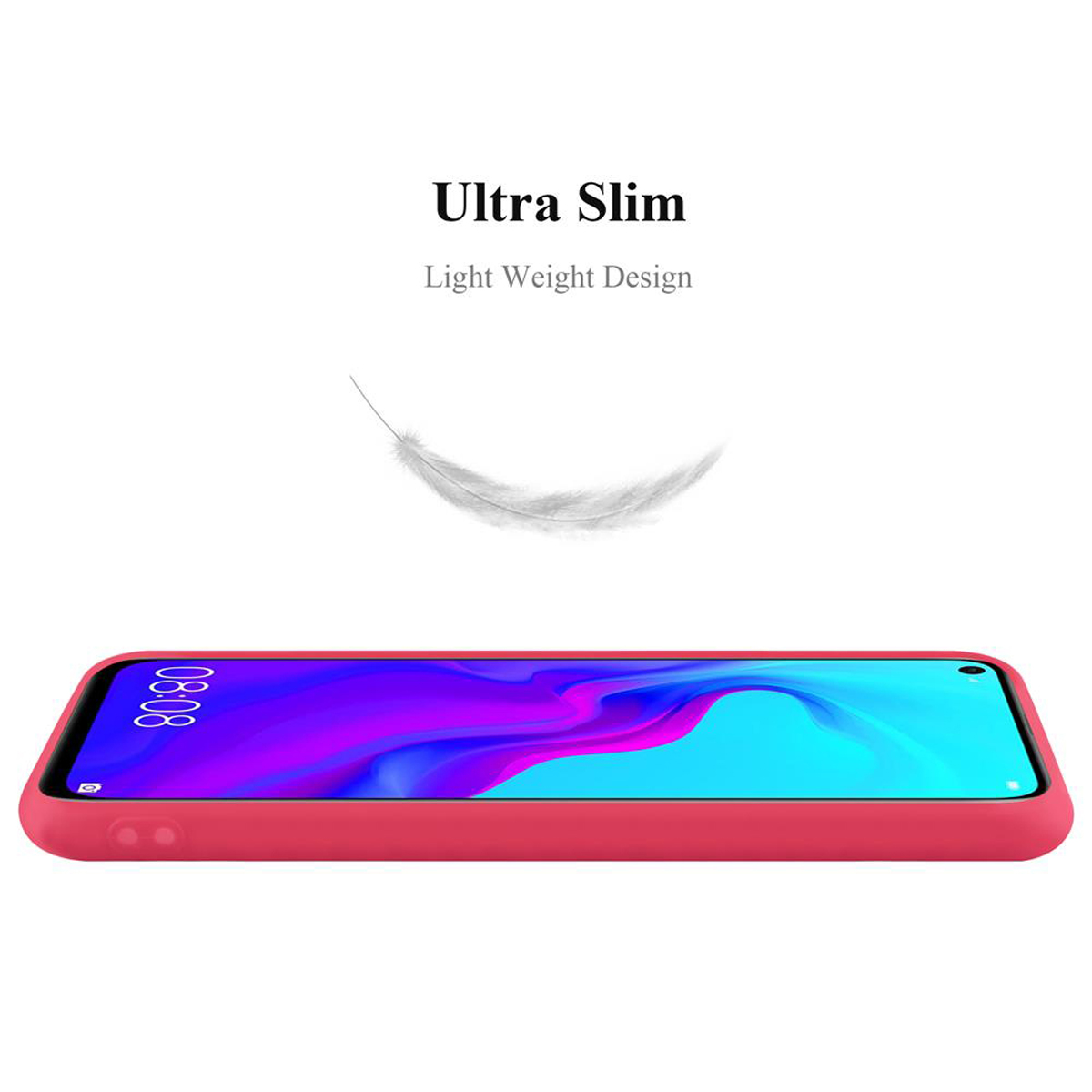 Custodia rossa per telefono. Testo: Ultra Slim, Light Weight Design. Sfondo bianco. Una piuma fluttua.