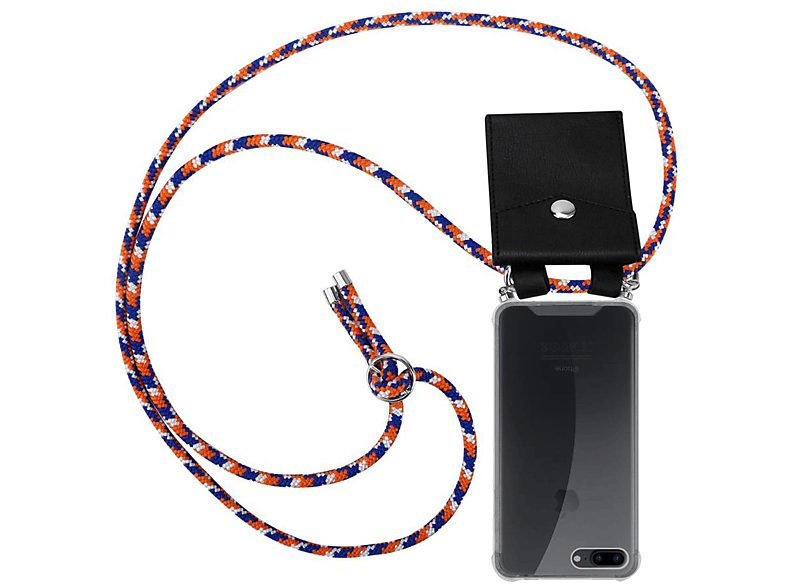 CADORABO Handy Kette mit Silber Ringen, Kordel Band und abnehmbarer Hülle, Backcover, Apple, iPhone 7 PLUS / 7S PLUS / 8 PLUS, ORANGE BLAU WEIß