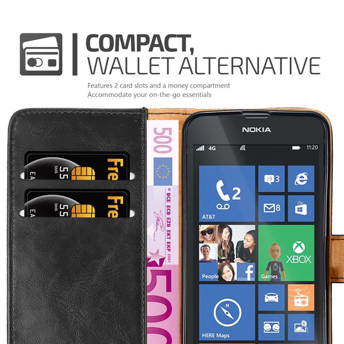 Custodia nera per telefono con carte e denaro all'interno, con un telefono Nokia.