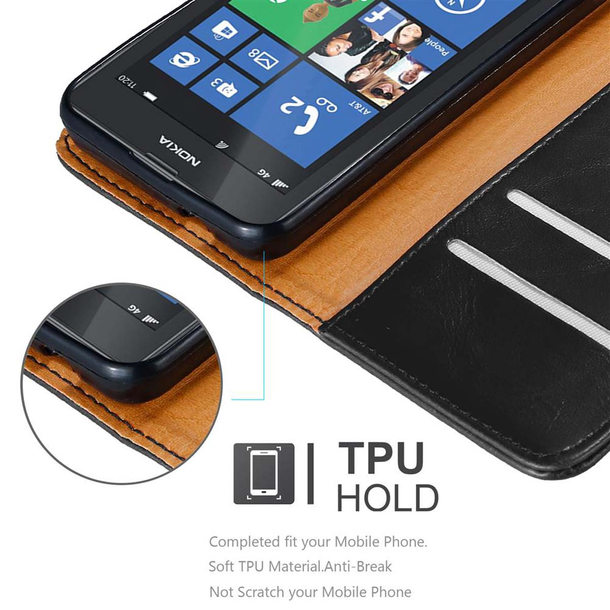 Un telefono Nokia è mostrato aperto all'interno di una custodia marrone. Lo schermo del telefono mostra varie icone di app.