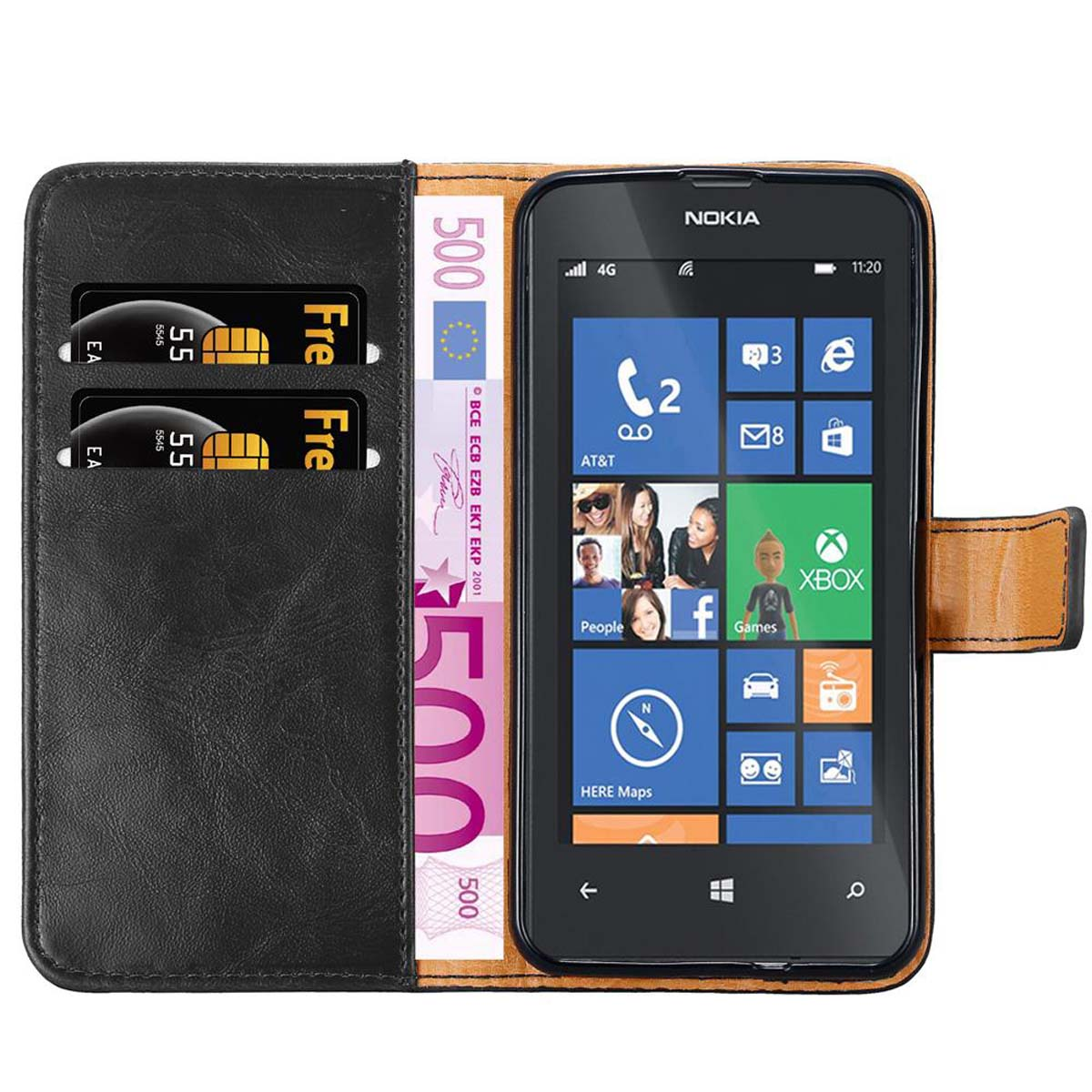 Telefono Nokia nero in una custodia a portafoglio in pelle con carte e banconote in euro.