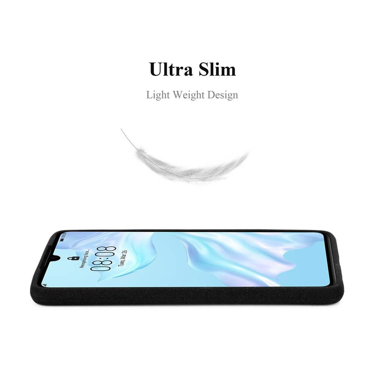 Un telefono con custodia nera. Il display mostra una schermata di blocco. Una piuma fluttua sopra. Sfondo bianco.