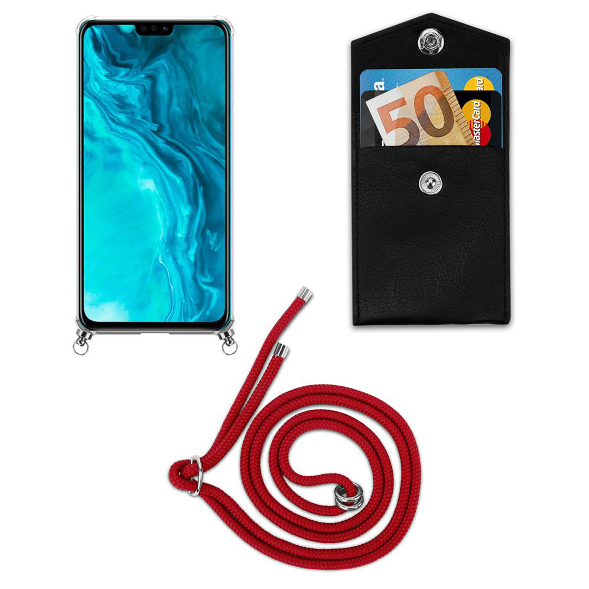 Telefono con schermo blu, cordino rosso, custodia nera per telefono con carte. Sfondo bianco.