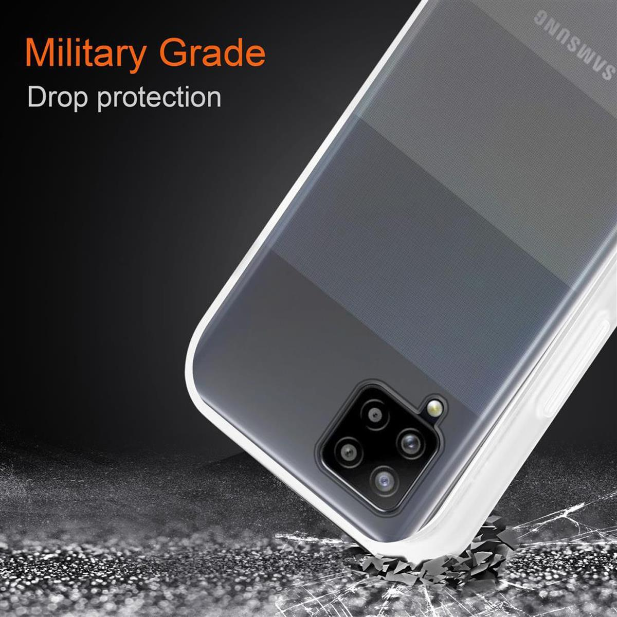 Herunterfallende Handyhülle, Aufprall, mit Text 'Military Grade Drop protection' auf schwarzem Hintergrund.