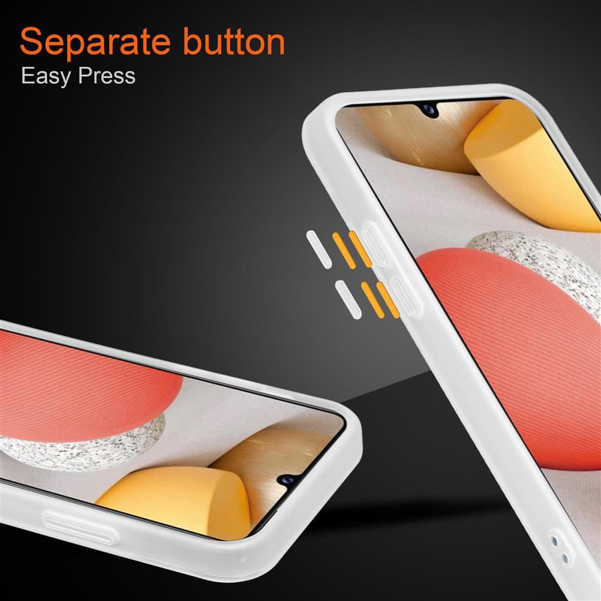 Zwei Telefone in weißen Hüllen. Text: 'Separate button' und 'Easy Press'. Der Hintergrund ist schwarz.