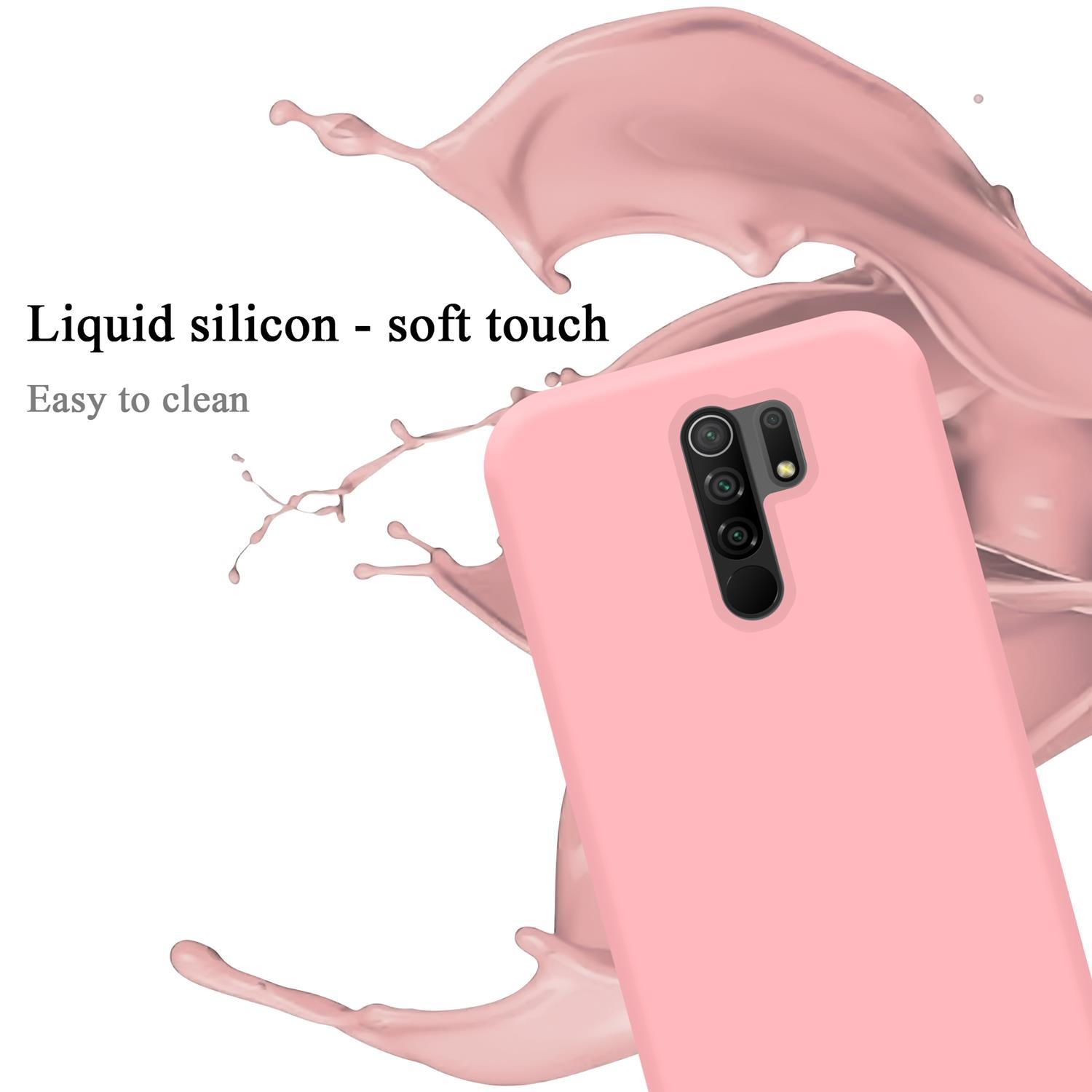 Custodia rosa per telefono con ritaglio per fotocamera, il testo dice silicone liquido e facile da pulire.