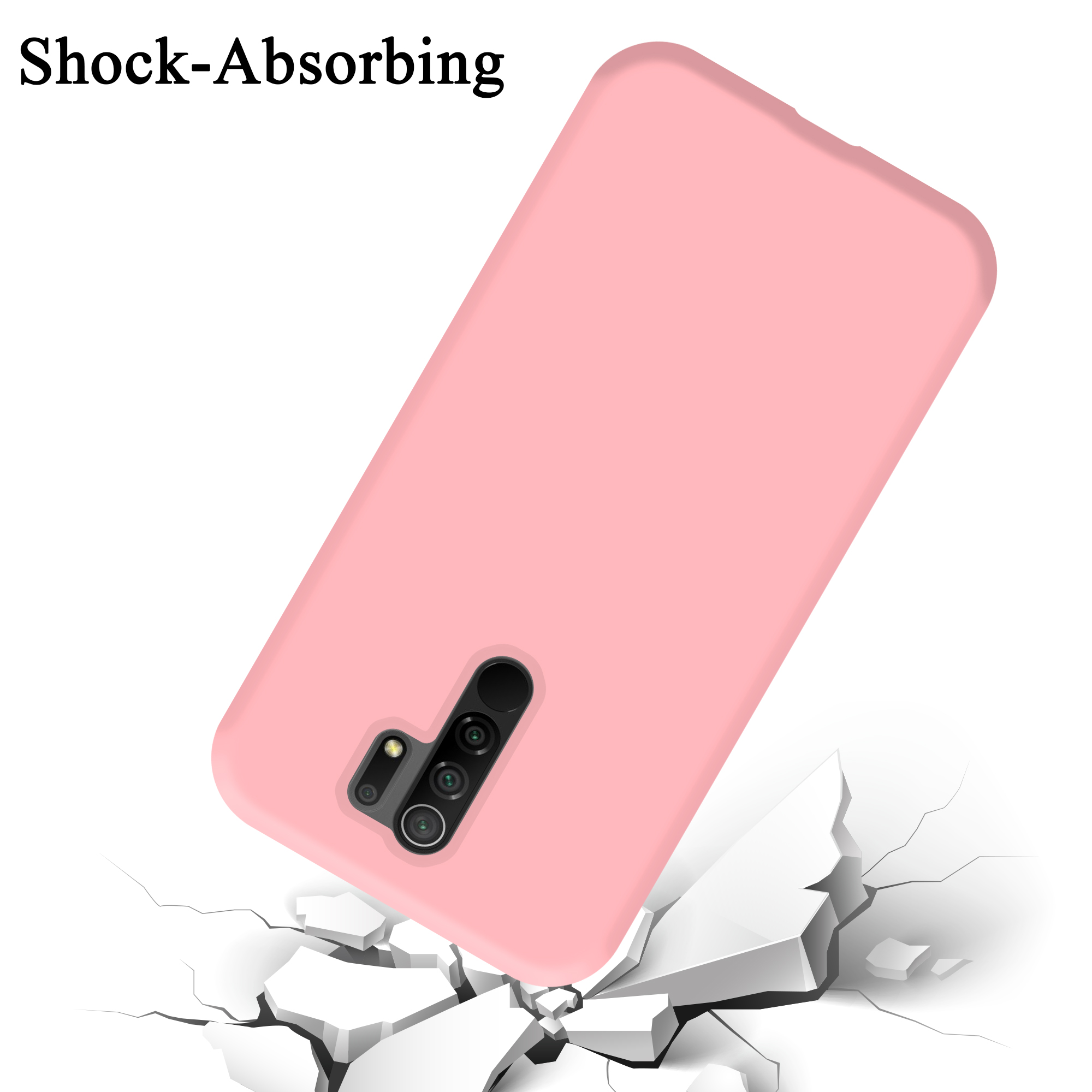 Una custodia rosa con un telefono all'interno, con crepe nel terreno che suggeriscono l'assorbimento degli urti.